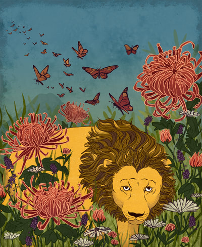 illustration lion chrysanthemum butterfly