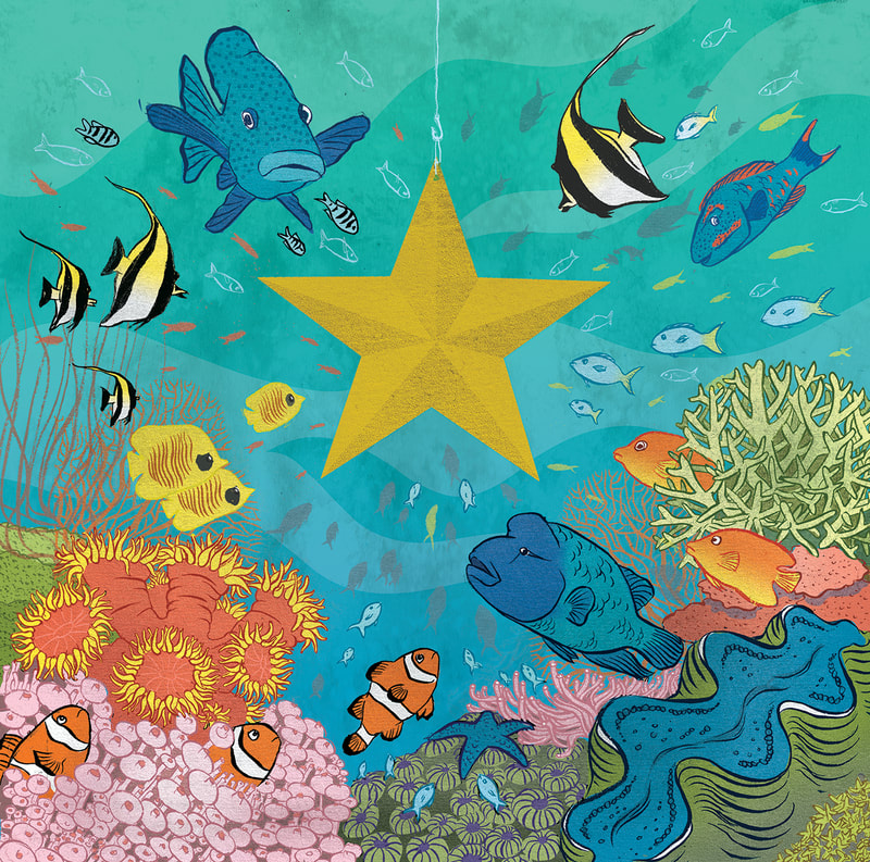 Christmas scene with star surrounded by tropical fish in coral reef.