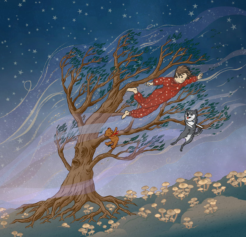 Katherine Smith illustration, windy, night, dream, boy, dog, tree, children's book illustration