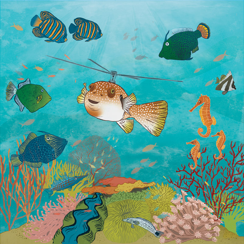 Puffer fish character, reef, childrens book