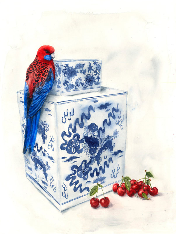 watercolour, watercolour, krsmith_artist, still_life, ginger_jar, rosella, cherries