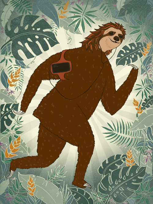Katherine Smith illustration, sloth, jungle, running, children's book illustration