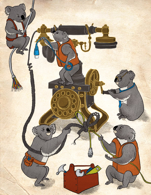 Katherine Smith illustration, koala, repair, telephone, old telephone, tools, children's book illustration