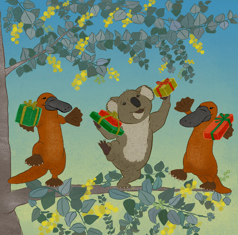 Christmas card with platypus and koala in wattle tree.