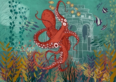 octopus illustration underwater tropical art