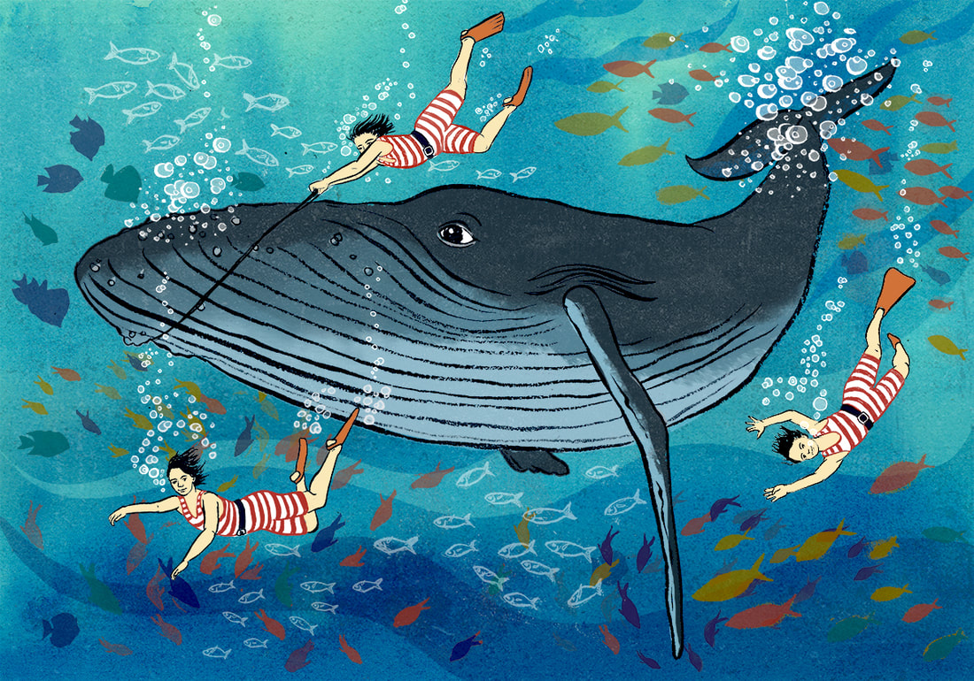 Katherine Smith illustration, whale, child, girl, swimming, underwater, fish, ocean, bubbles, children's book illustration