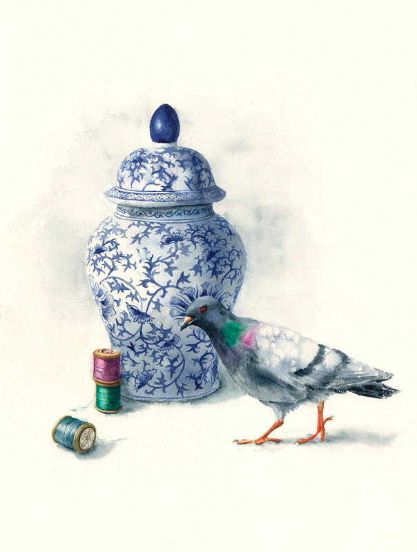watercolour, watercolour, krsmith_artist, still_life, ginger_jar, cotton_reel, pigeon