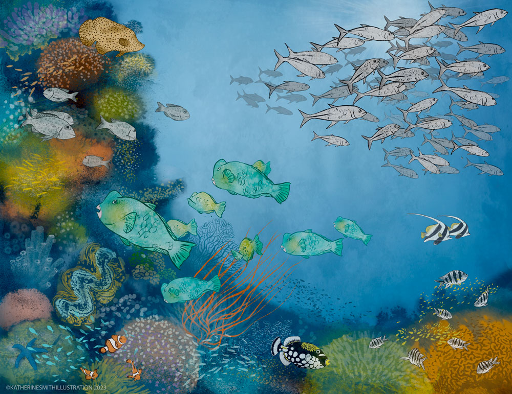 Great Barrier Reef, underwater art, ocean art, tropical fish, giant clam, anemone.