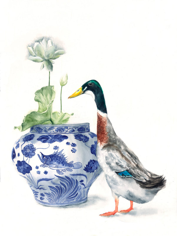 watercolour, watercolour, krsmith_artist, still_life, runner_duck, ginger_jar, lotus
