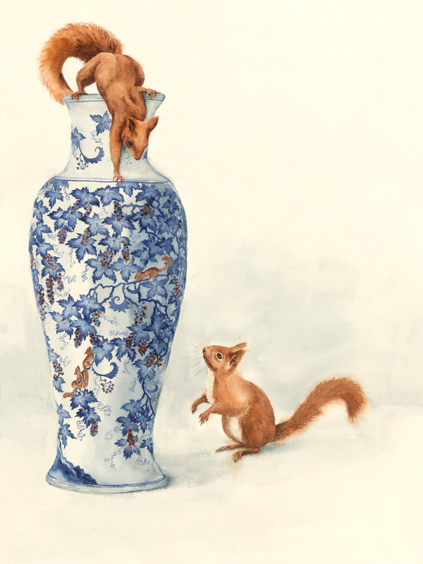 watercolour, watercolour, krsmith_artist, still_life, squirrel_vine, ginger_jar, squirrel